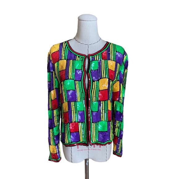 Vintage Jackets & Blazers - Vintage 80s Color Block Graphic Art to Wear Sequin Jacket Blass Costa Oscar
